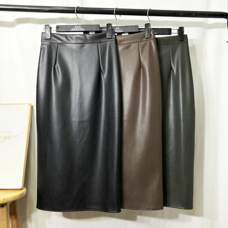 

Autumn Winter Long Leather Skirt Women Office Urban Pu Pencil Skirt High Stretch Abstract Pattern Slip Hip Skirts Female