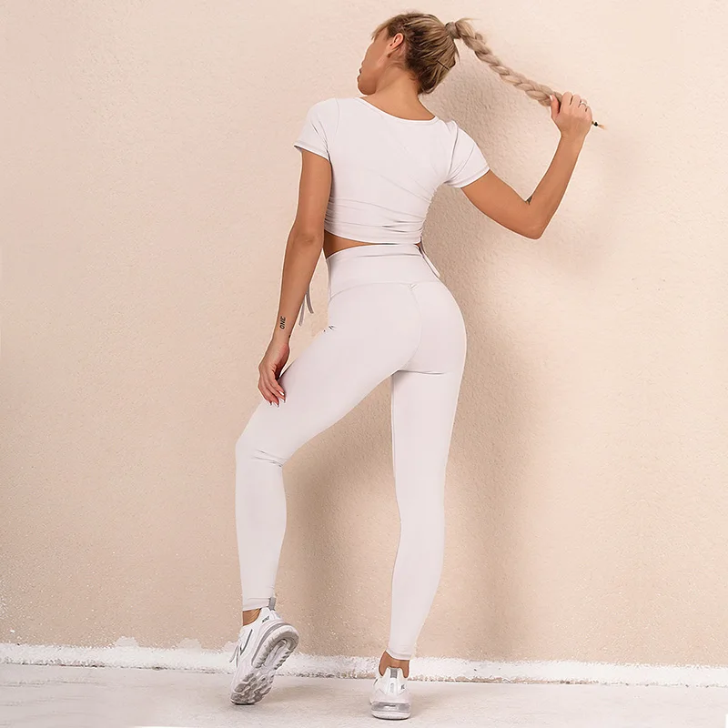 

NORMOV Sexy Womens Fitness Sets Seamless Knit Short Sleeve Drawstring Set Woman Slim High Waist Push Up Elastic Workout Suit