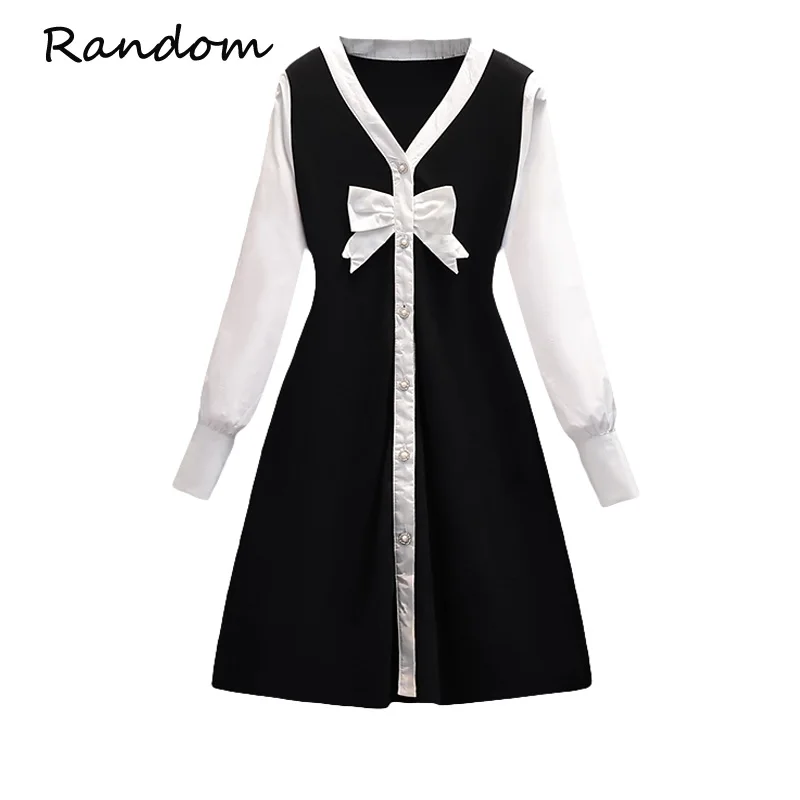 

2021 Winter Women Vintage Black White Knitted Dress Long Sleeve Pearl Buttons Bow V Neck Cashmere Mini Dresses Ladies Sweet Cute