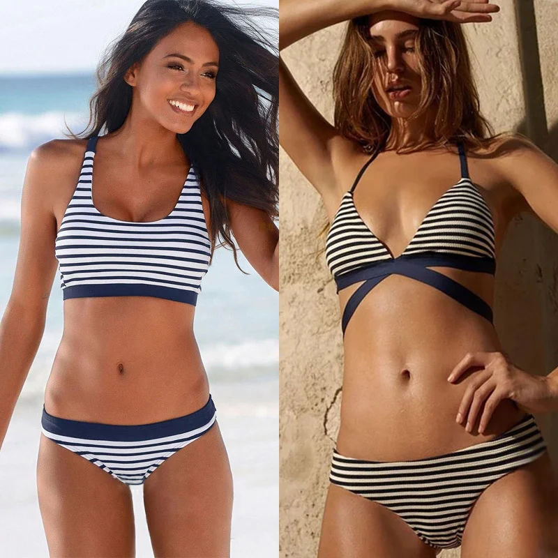 Купальник-бикини Rinabe женский в полоску купальный костюм с перекрестными лямками