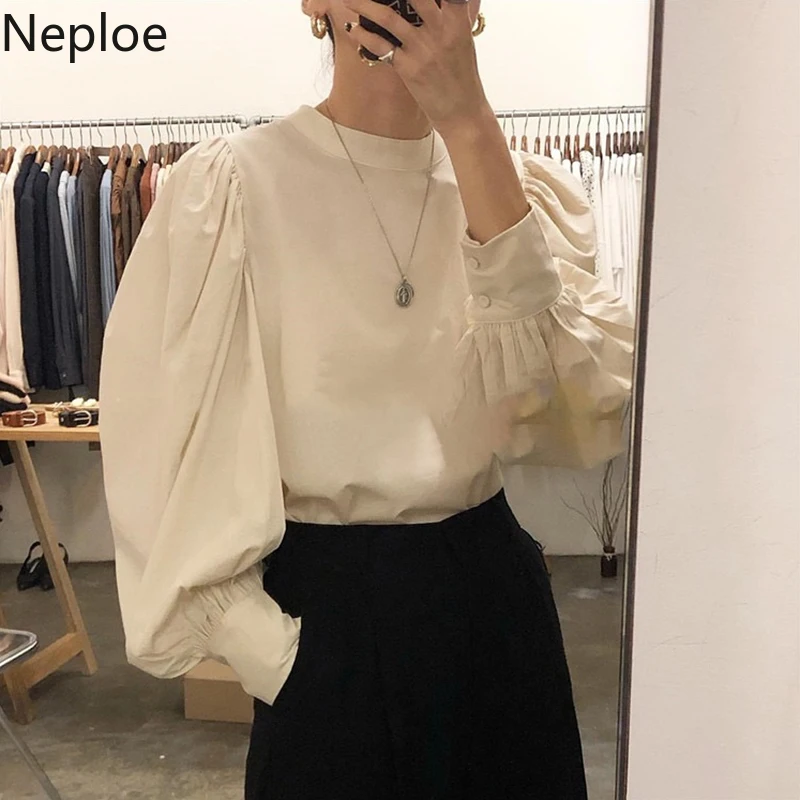 Neploe, весна-осень, Ретро стиль, фонарь, длинный рукав, одноцветная блузка с круглым вырезом, свободная, дикая,, новинка, Blusas, корейский стиль, элегантная рубашка 47229