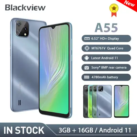 Новый Blackview A55 смартфон 3 Гб 16 Гб 6,528 "HD 4780 мАч четырехъядерный мобильный телефон MT6761V 5MP + 8MP камера Android 11 сотовый телефон