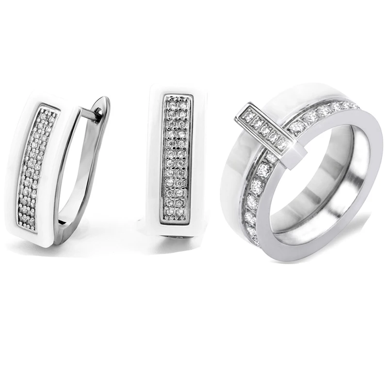 White Set Jewelry Однорядные кольца с кристаллами, серьги, ювелирные наборы, серебряный цвет, модный прекрасный светильник, розовые стразы, керамические женские ювелирные изделия, свадебный подарок - Окраска металла: White Set Jewelry