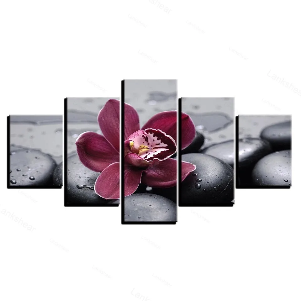 

Canvas Hd Print Painting Modular Picture Wall Art 5 Panel Purple Orchid Black Pebbles Frame Poster Modern Home Decor Living Room