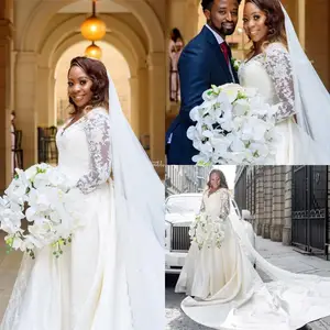 African Nigerian Lace Appliqued A-line Wedding 2021V Neck Long Sleeves Chapel Train Puus Size Bridal