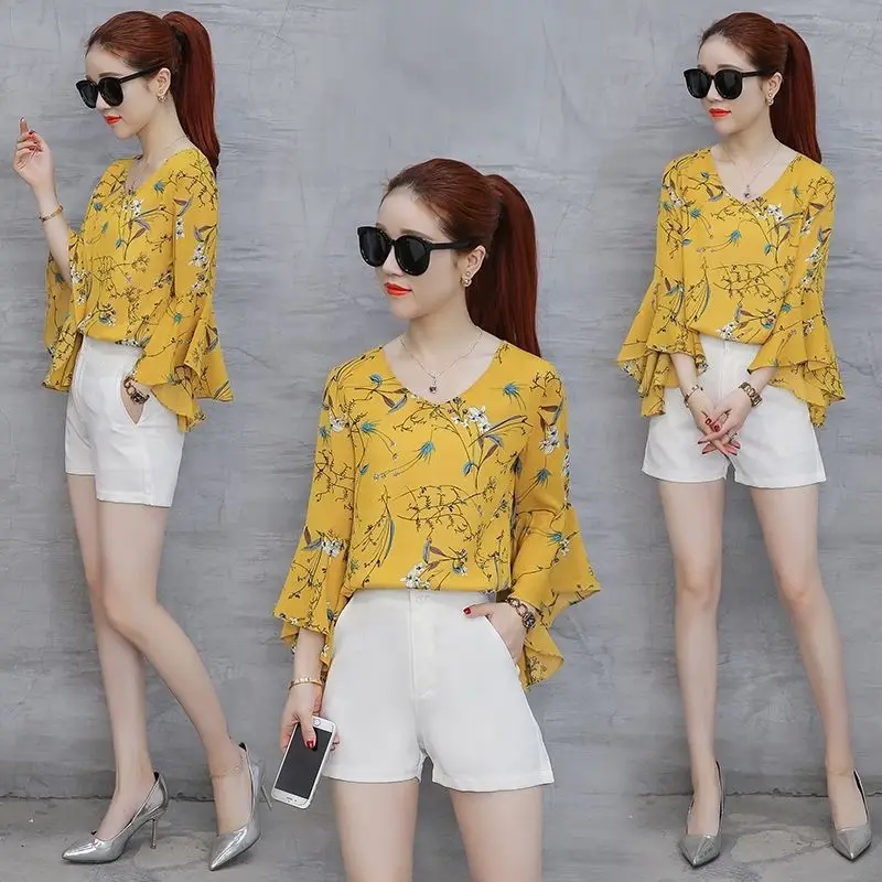 

New Fashion Autumn Summer Blouse Chiffon Women's Shirt Fashion Floral Print Shirts V Neck Sexy Blouses Lady Plus Size 5XL Tops