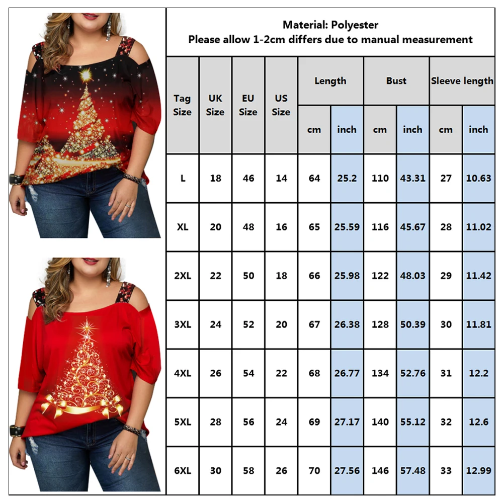 

Christmas Women's Short-Sleeved Plus Size Festive Red Christmas Tree Print Shoulder Strap Hollow T-Shirt L-6XL