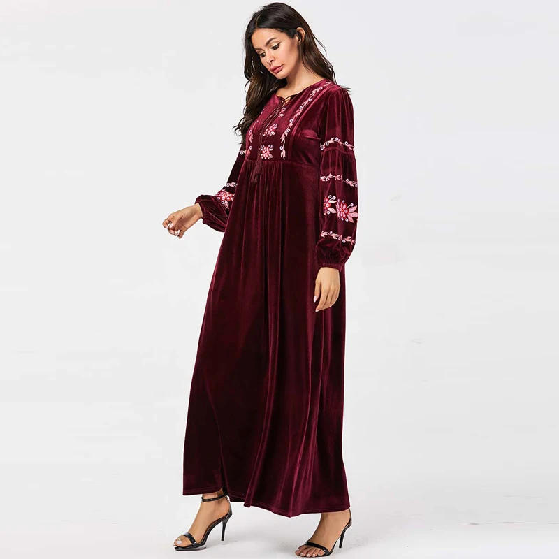 Цветочные бархатные abaya для женщин Дубай мусульманский кафтан женская одежда зима осень длинное платье Зеленый Кафтан vestido manga larga