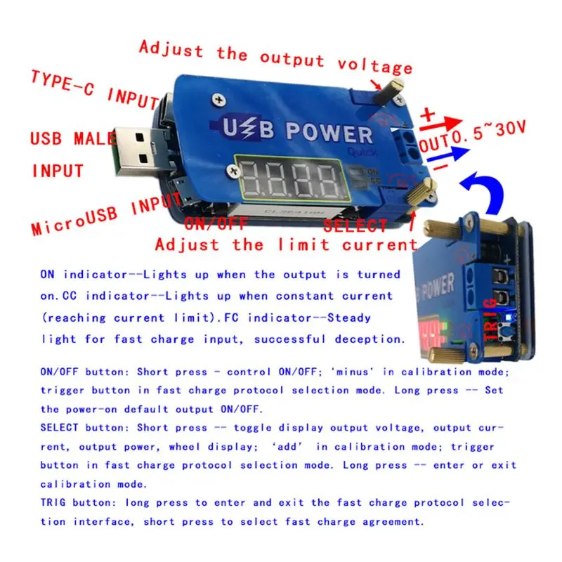 С spoof 15W USB Регулируемый понижающий источник питания 1-30V Быстрая зарядка обманка