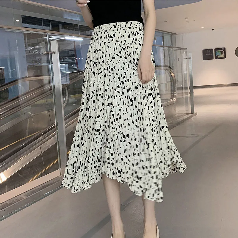 

Skirts Women Irregular Printed Pleated High Quality Elastic Chiffon Womens Mid-Calf Long Leisure Korean Female Skirt All-match