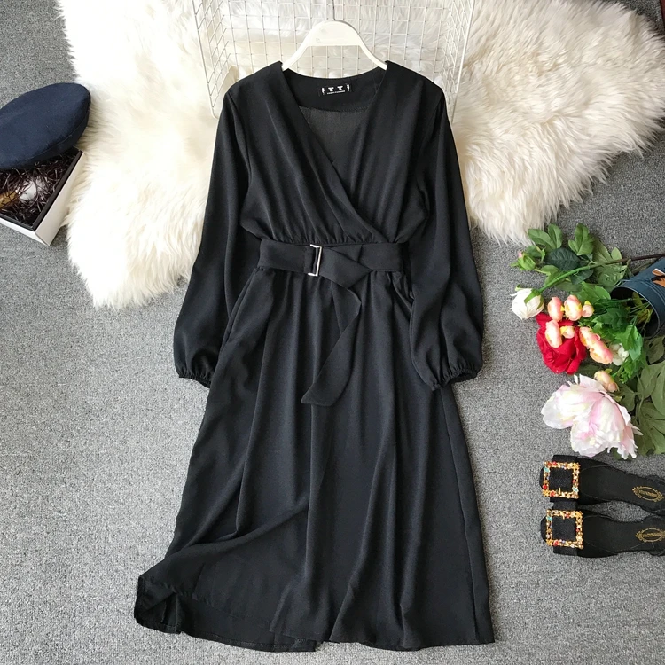 Женское шифоновое платье ALPHALMODA с длинными рукавами и поясом офисное