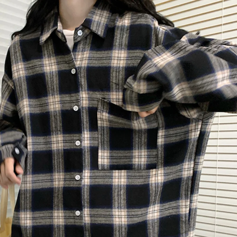 

Women Shirts Plaid Retro Couples Oversize Unisex All-match Pockets Single Breasted Simple BF Streetwear Leisure Ulzzang College