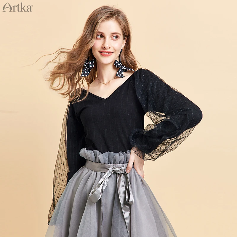 

Женский вязаный свитер ARTKA, осенний комплект с юбкой из органзы и кружевными рукавами, пуловер с V-образным вырезом, ZA10099Q, 2019