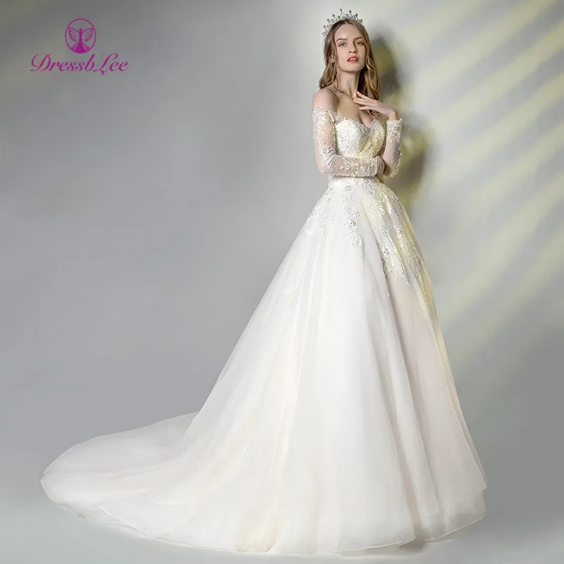2020 New Arrival Ivory Wedding Dress Off The Shoulder Long Sleeve Bridal Gown Lace Embroidery Beaded Dresses Plus Size | Свадьбы и