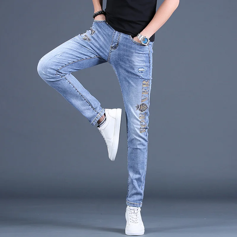 Summer Men Blue Ripped Jeans Fashion Rhinestones Slim Fit Pants Streetwear Casual Denim Trousers
