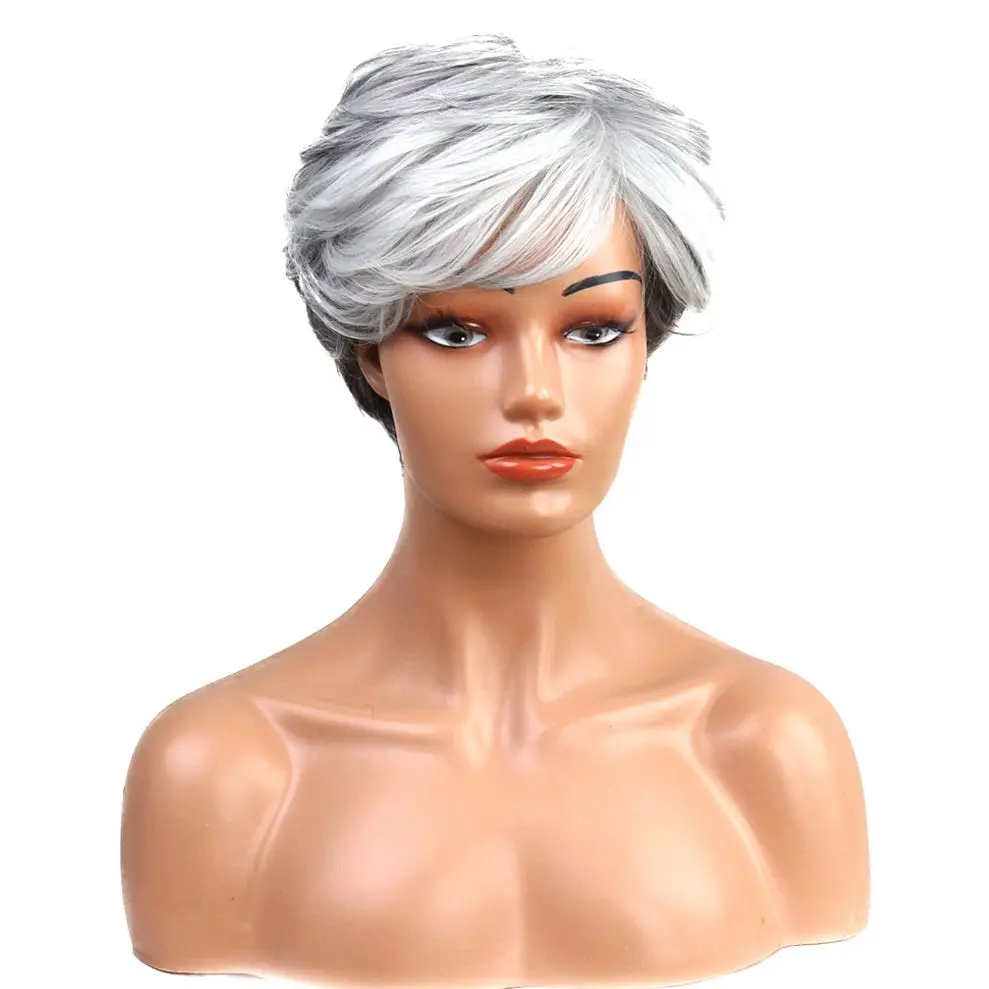 

Women Short Omber Silver Synthetic Wig Heat Resistant Fiber Wig With Bang Nature Wavy Wig For Women Daily Party Use