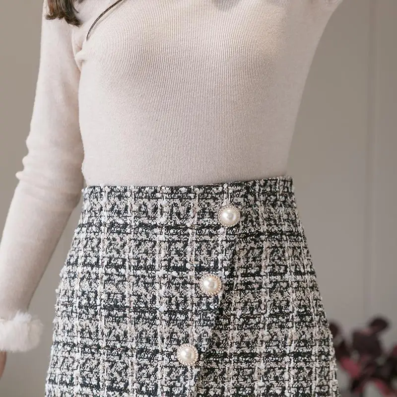 Женская юбка на весну и осень модная мини-юбка из твида в японском стиле черная