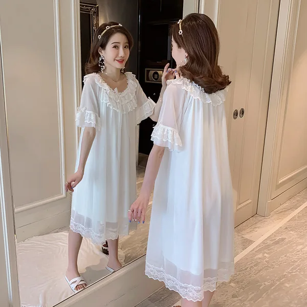 New Lace Court Nightdress Women's Summer Fresh Princess Long Dress Casual Korean Short Sleeve Sexy Nightgown Lady Sleepwear