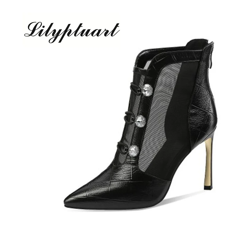 

White leather mesh boots women hollowed out 2019 spring and summer new sexy high heels sandals women pearl sandals