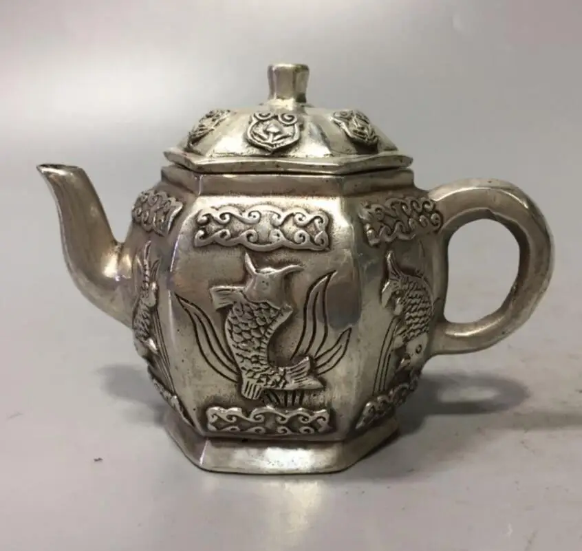 

China White copper small fish teapot crafts statue