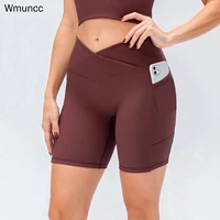 wmuncc 2022 summer women yoga shorts sexy cross waist workout gym jogging tights fitness leggings with pocket stretch breathable
