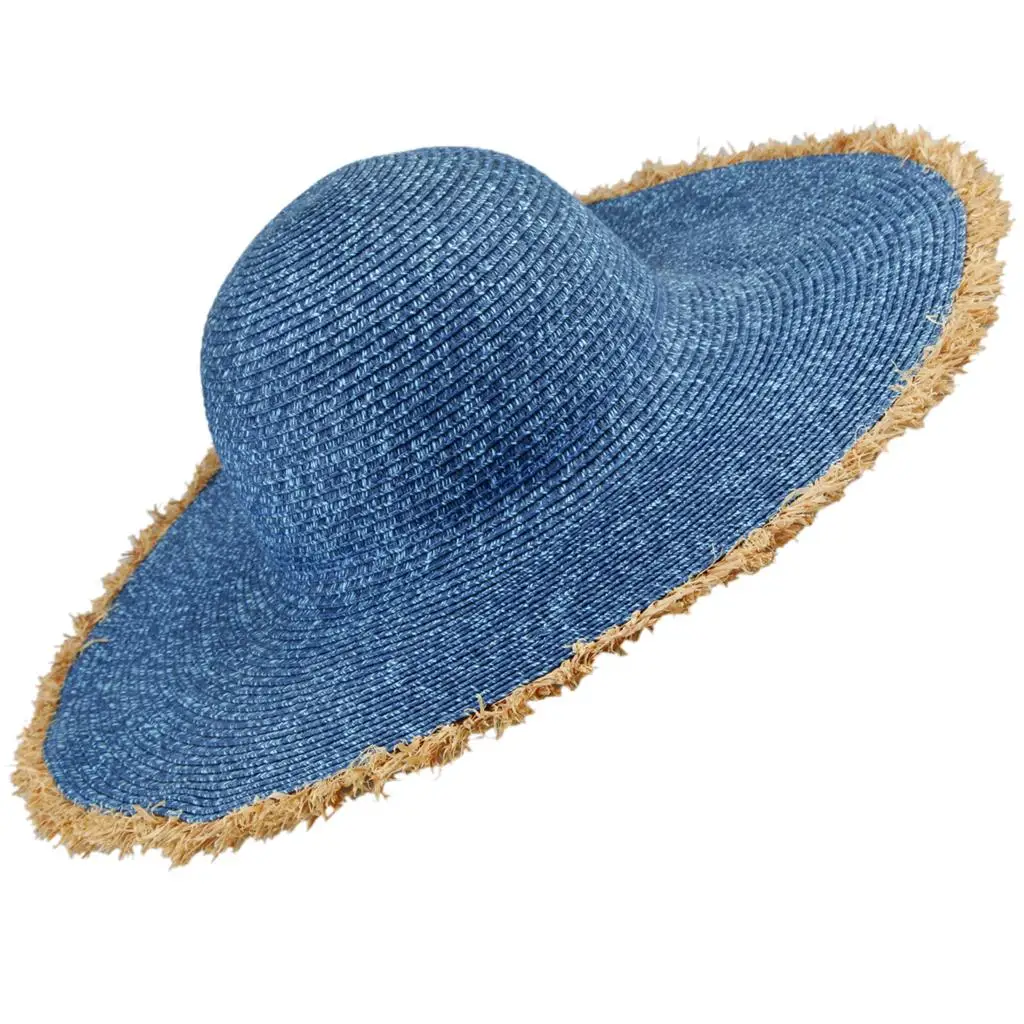 Blue Straw Hats Summer Women Big Wide Brim Beach Hat Outdoor Foldable Travel Sun Hat Sunscreen UV Resistant Panama Sun Caps