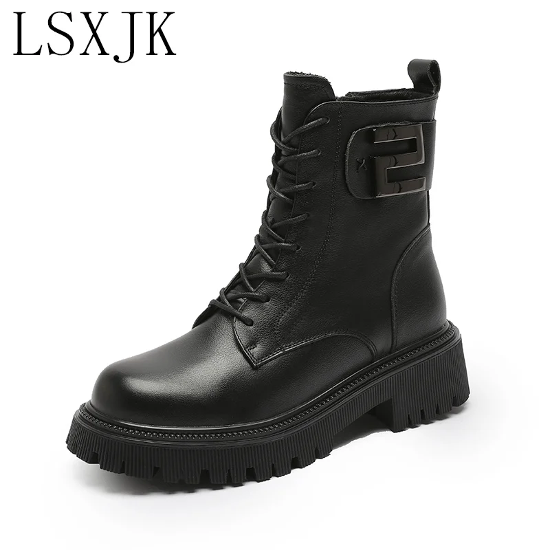 

LSXJK First Layer Cowhide Martin Boots Woman Winter New Side Zipper Thick-Soled Motorcycle Boots Women's All-Match British Boots