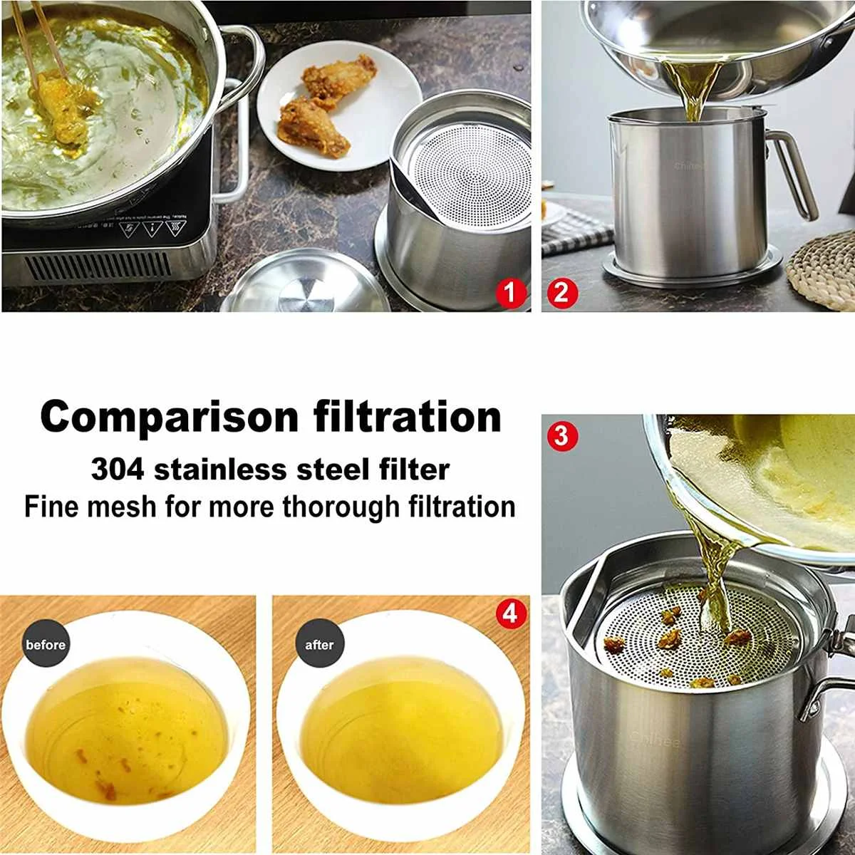 

2.0/1.6L Kitchen Cooking Tool Oil Filter Storage Can Grease Strainer Pot Oil Strainer Container Restaurant Dispenser