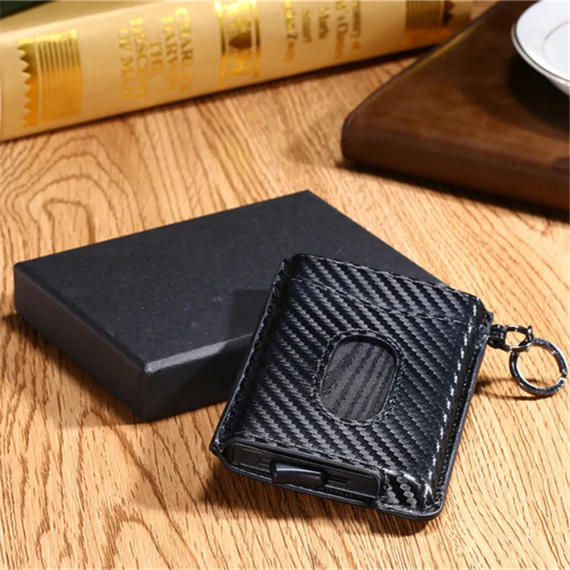 CarbonBlack With Box Bisi Goro RFID Блокировка кредитный держатель для карт Anit-theft кошелек карта для мужчин и женщин автоматический всплывающий Чехол для карт кожаный держатель для ID - Цвет: CarbonBlack With Box