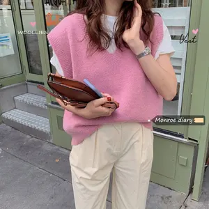 Женский трикотажный пуловер, розовый свитер без рукавов, с V-образным вырезом, Осень-зима