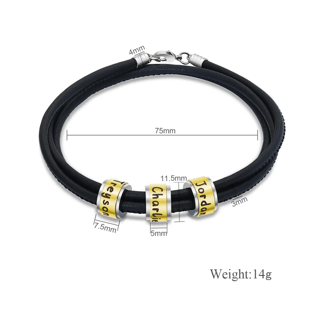Personalized Mens Braided Genuine Leather Bracelet Stainless Steel Custom Beads Name Charm Bracelet For Men With Family Names