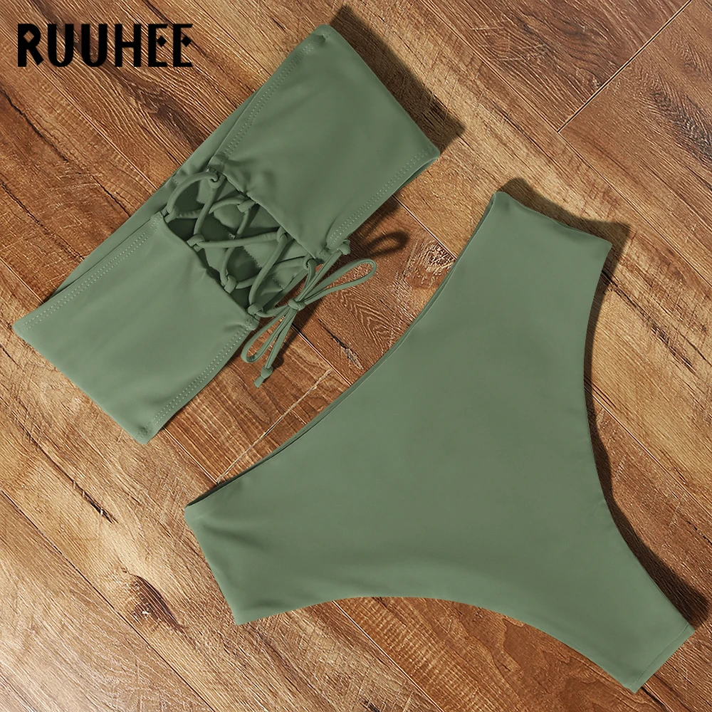 

Купальник-бикини RUUHEE женский с завышенной талией, бандажный купальный костюм с чашками пуш-ап, пляжная одежда, 2021