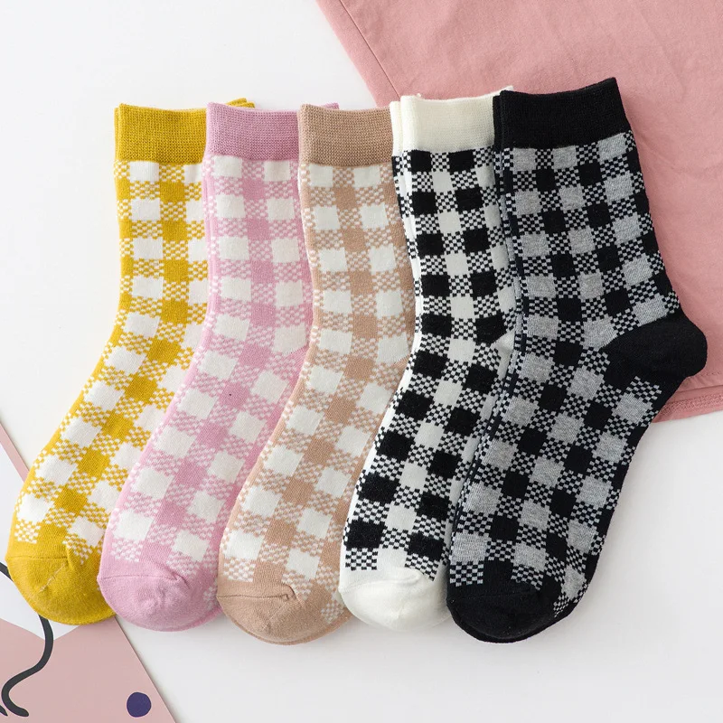 

Женские носки в клетку, милые хлопковые повседневные Модные Винтажные яркие геометрические вязаные мягкие носки в подарок, уличная одежда ...