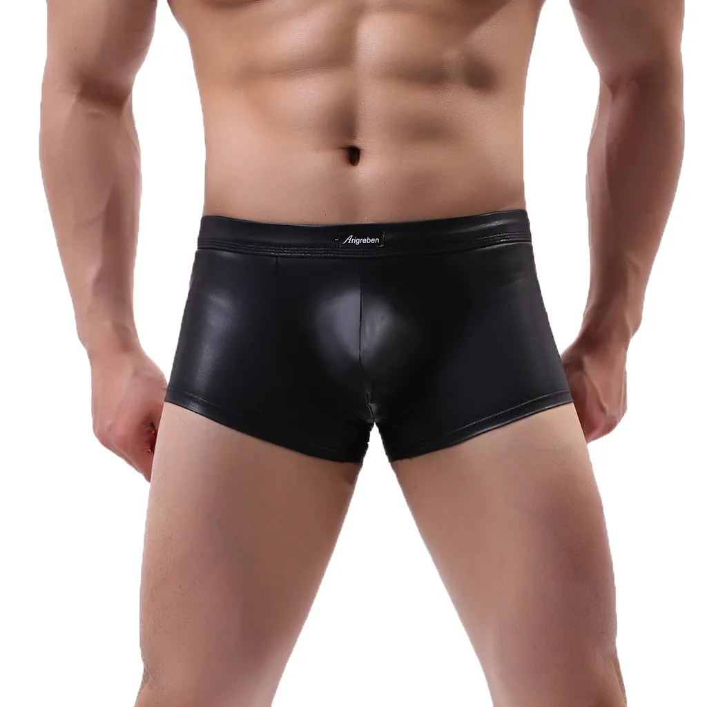 Мужские трусы боксеры черные кожаные сексуальное нижнее белье новый стиль