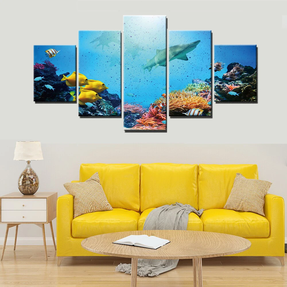 

Shark Picture Animal Decoration 5 Piece Canvas Wall Arts Modular Living Room Prints Coral Paintings Kids Bedroom Home Decor