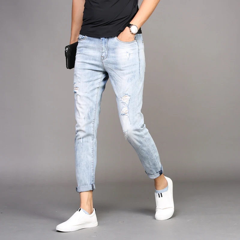 Summer Stretch Ripped Jeans Men Light Blue Slim Fit Ankle-Length Pants Fashion Streetwear Thin Denim Trousers