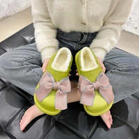 winter women home furry slippers two wear non slip plus velvet slides warm hairy closed shoes indoor wedges bowknot slippers