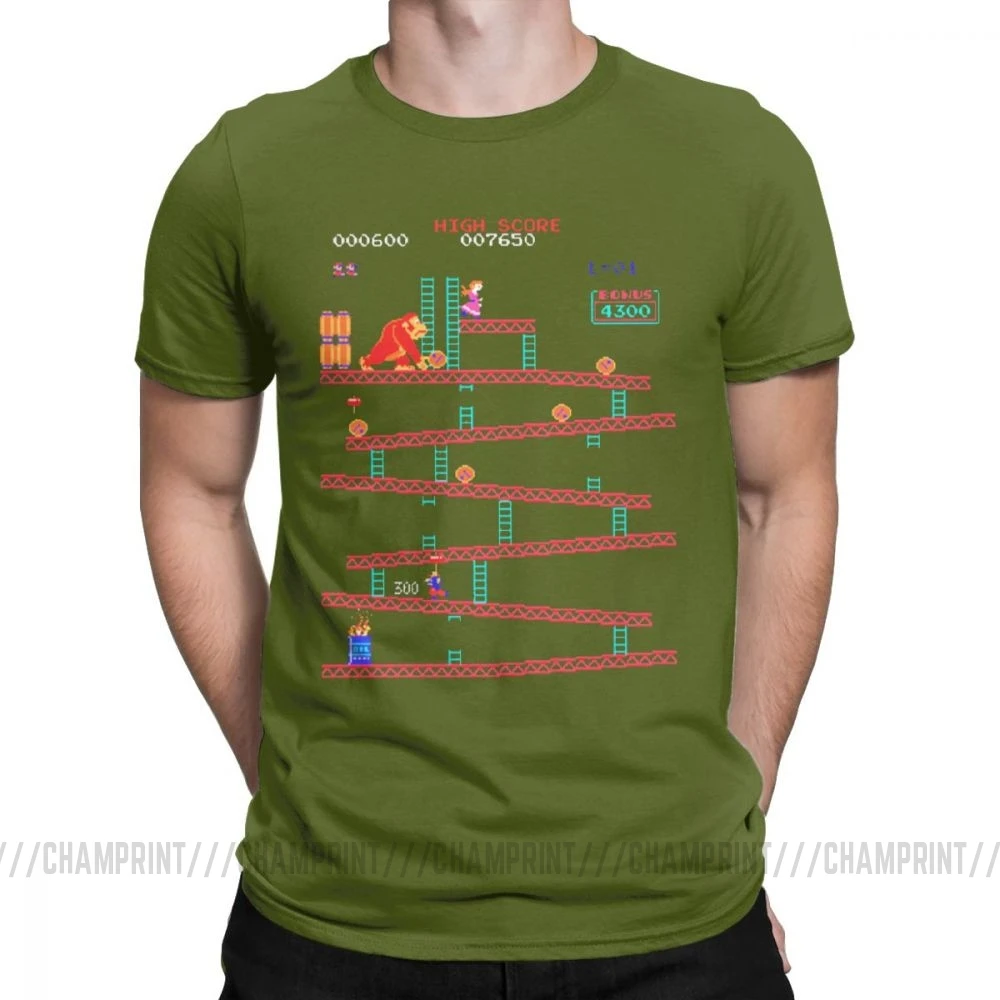 Футболки Donkey Kong для мужчин, аркадная игра, коллаж, винтажные футболки из чистого хлопка, вырез лодочкой, с коротким рукавом в стиле ретро, футболка, большие размеры, Забавные топы - Цвет: Армейский зеленый