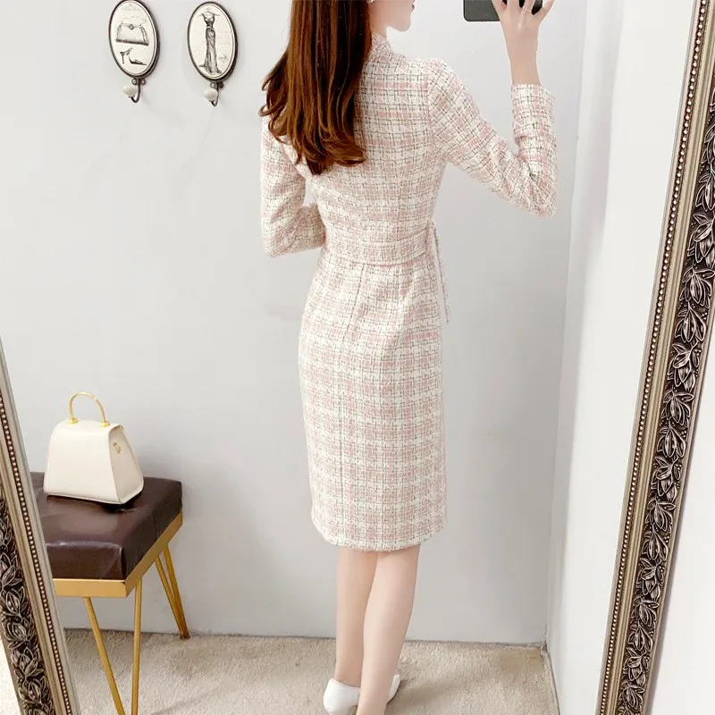 

Elegant Bow Tweed Dress Women Stand Collar Slim Fit Plaid Dress New Autumn Long Sleeve Office Ladies Knee Length Split Dresses