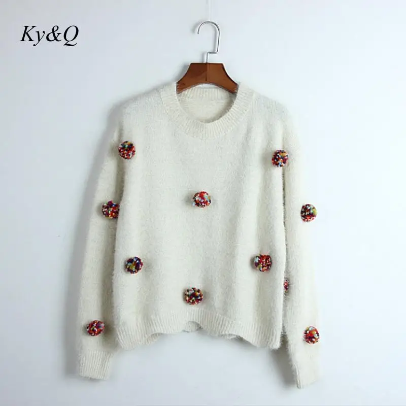 Brand Design Kawaii Kint Pink O-neck Pullover Sweater Colored Wool Ball Decoration Jumper Women Clothes Tide 2019 Winter Tops | Женская