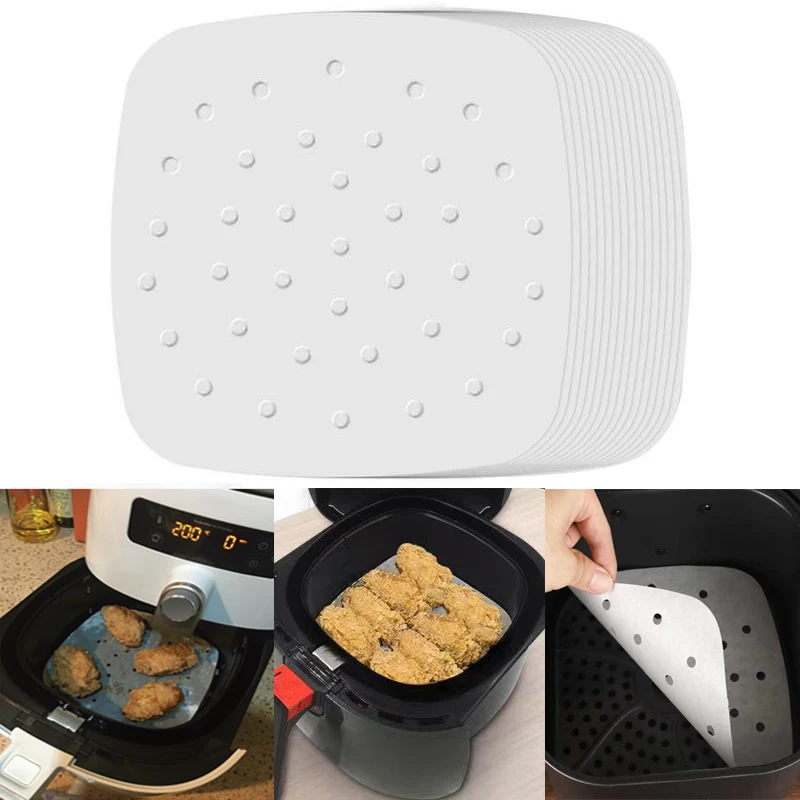 100PCS Disposable Air Fryer Liners Square Baking Paper Non-stick Airfryer Paper Bun Cake Steaming Basket Mat Kitchen Tool