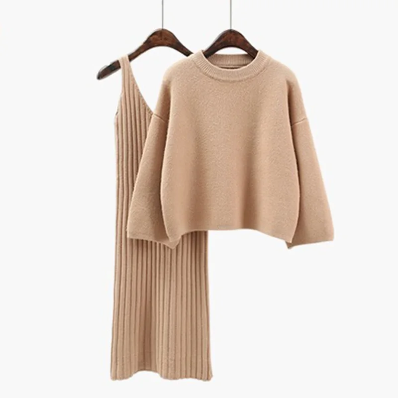 Комплект из 2 предметов новое модное платье свитер + вязаный пуловер Корейская