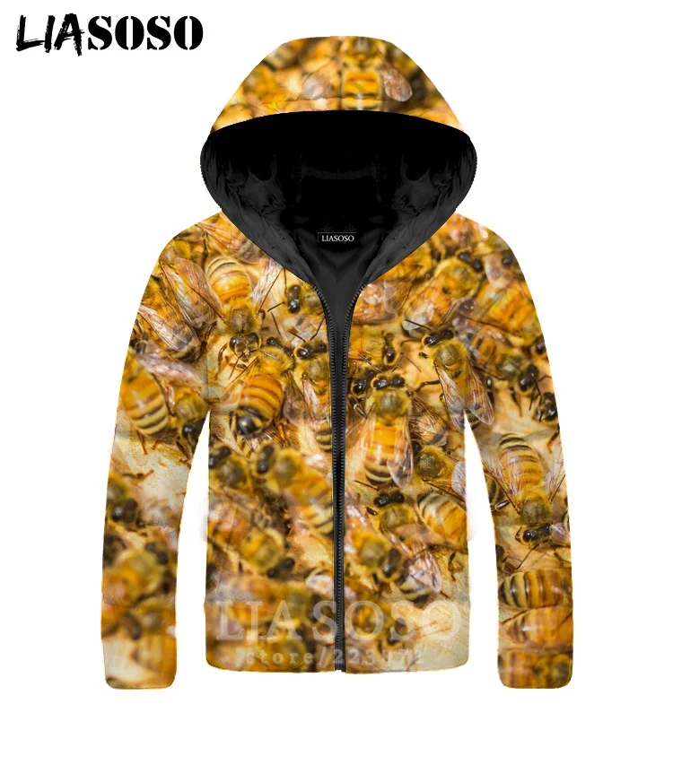 LIASOSO Bee Jackets Winter Men Women Flower 3D Print Animal Plus Velvet Thickening Zipper Warm Street Top Down Filled Coat A321 |
