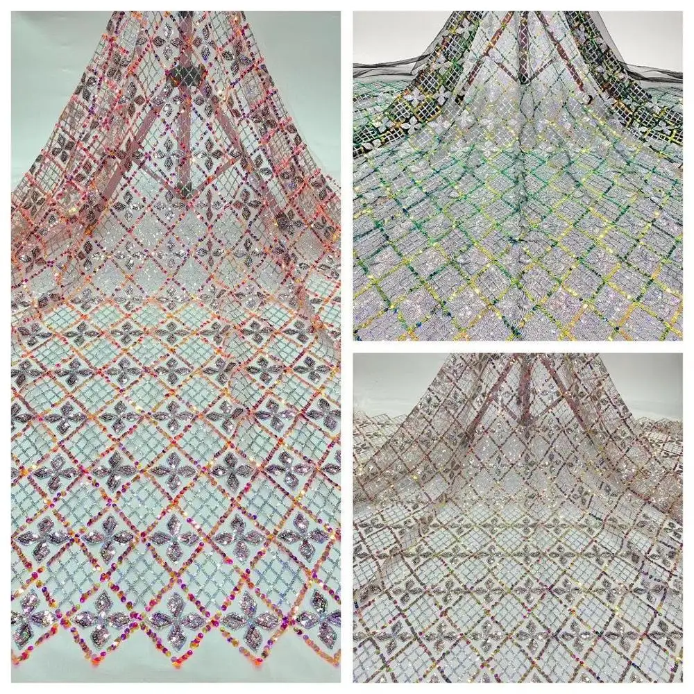

Most fashion party dress material French tulle cloth nice net lace fabric with sequins for sewing dress PAN466(5yards/lot)