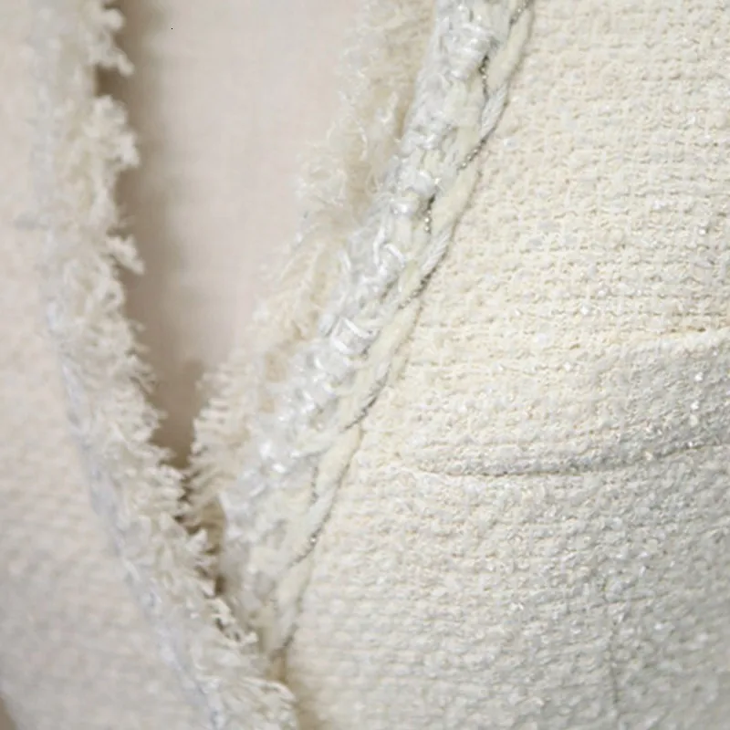 

White Tweed Coat 2020 Autumn Winter Womens Woolen Cashmere Coat Long Sleeve Slim Tassel Pearl Button Elegant Runway OL Jacket