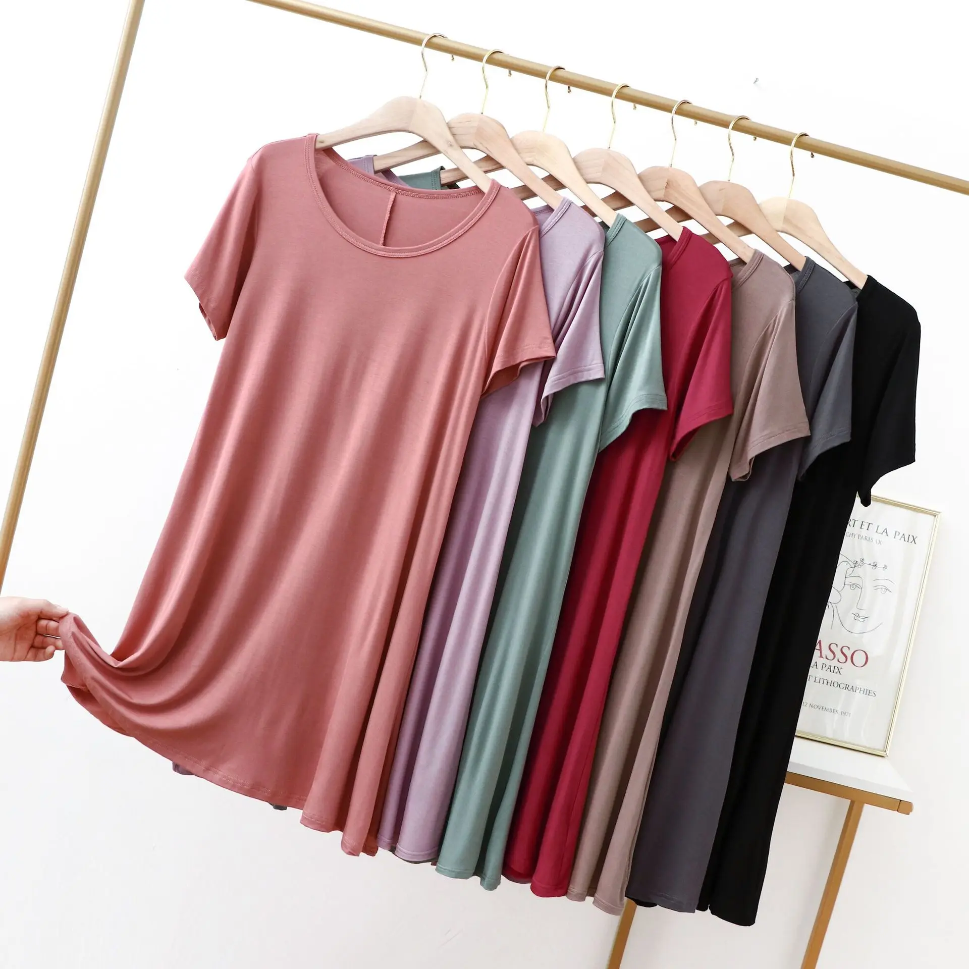 

XL-6XL Viscose Women Summer Dress Solid Loose O-Neck Short Sleeve Basic Korean Lady Maxi T-Shirt Dress 121965WLA