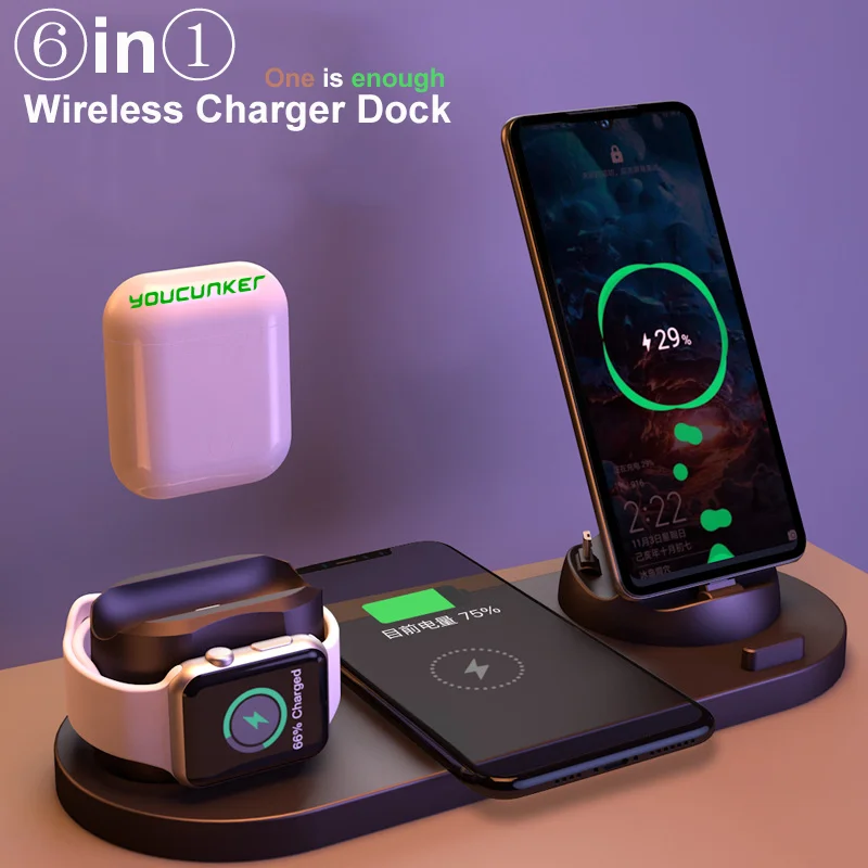 

Wireless Charger for iPhone 13 Pro Max 12 Xs Max 8 Plus 15W Fast Charging Pad for Apple Watch Airpods6 in 1 Charge Dock Station
