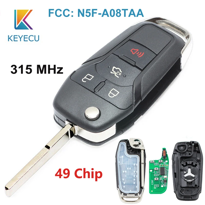 

KEYECU 4 Buttons 315MHz 49 Chip HU101 Keyless Entry Flip Remote Key For Ford Fusion 2013 2014 2015 2016 2017 FCC ID: N5F-A08TAA