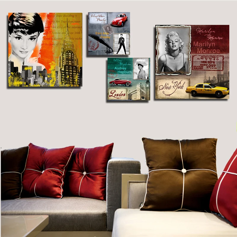Famous Women Audrey Hepburn Wall Art Marilyn Monroe and Elvis Aron Car Canvas Painting Prints And Posters Ladies Room Décor | Дом и сад