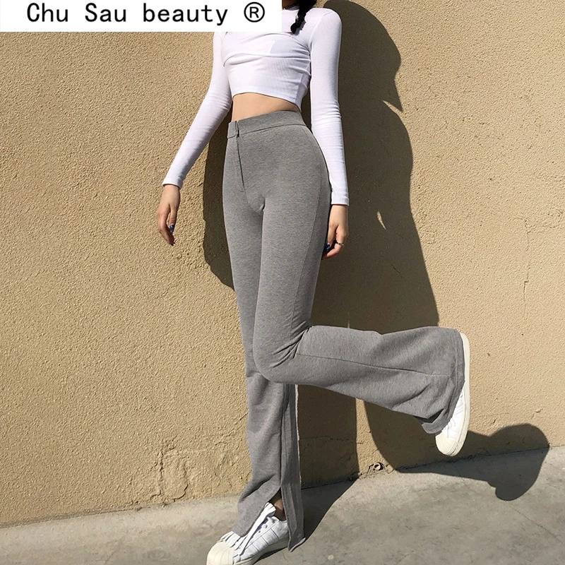 

New Spring Casual Chic Solid Tight-fitting Sports Trousers Women Fashion Streetwear Style High waist Flared Long Pants Female